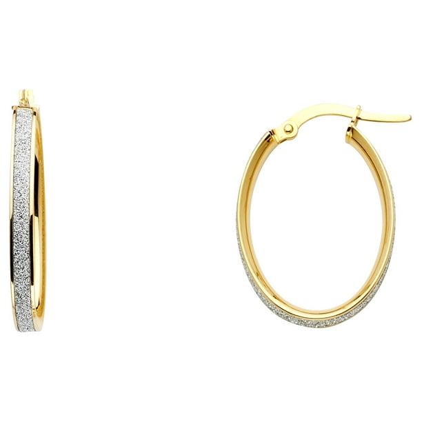 Solid 14k Yellow and White Gold Two Tone Diamond-Cut Oval Hoop Earrings 17mm x 21mm 